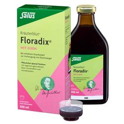 Eine grüne und rosa Verpackung und Flasche von Floradix, einem flüssigen Eisensupplement.