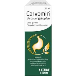 Weiße Verpackung von Carvomin Verdauungstropfen mit grünem Bereich und stilisiertem Magen-Design.