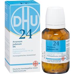 Eine Packung und eine Flasche mit homöopathischen Tabletten der Marke DHU.