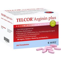 Weiße Verpackung von TELCOR Arginin plus mit rosa Tabletten davor.
