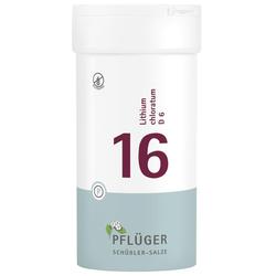 Weiße Pillendose mit der Aufschrift "16 Lithium chloratum D6".