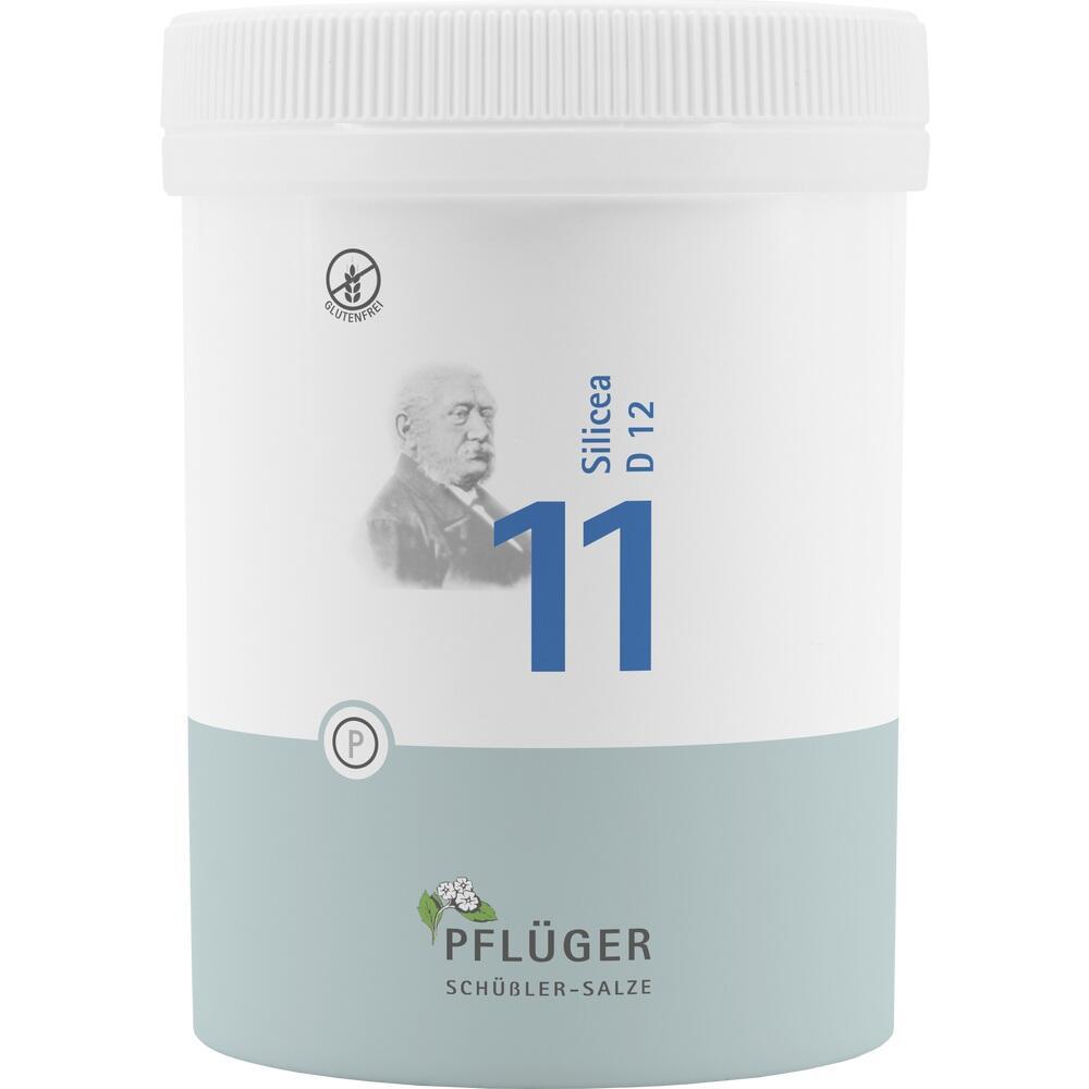 Eine weiße Dose mit der Aufschrift "11 Silicea D 12" und einem alten Mann abgebildet.
