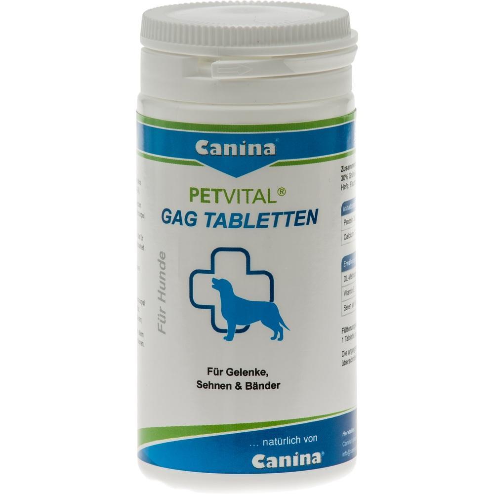 Weiße Tablettendose mit der Aufschrift "Canina Petvital GAG Tabletten" für Hunde.