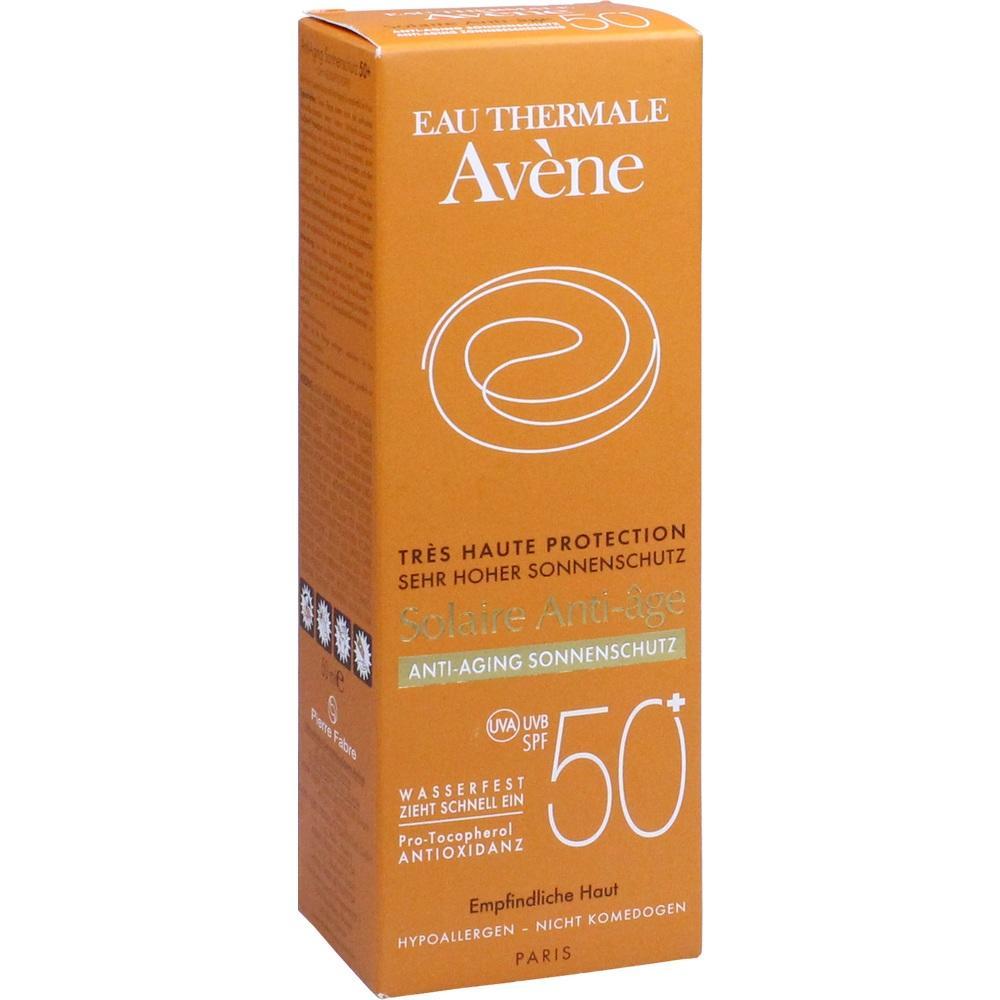 Orangefarbene Verpackung von Avène Sonnenschutz SPF 50+ für empfindliche Haut.