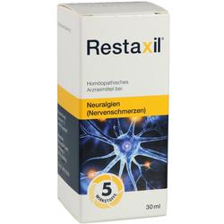 Weiße Packung mit Text "Restaxil" für Nervenschmerzen, 30 ml homöopathisches Arzneimittel.