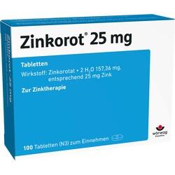Blaue Medikamentenverpackung mit der Aufschrift "Zinkorot 25 mg" für Zinktherapie.