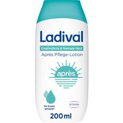 Weiße Flasche mit türkisfarbenem Deckel, Ladival Après Pflege-Lotion für empfindliche Haut.